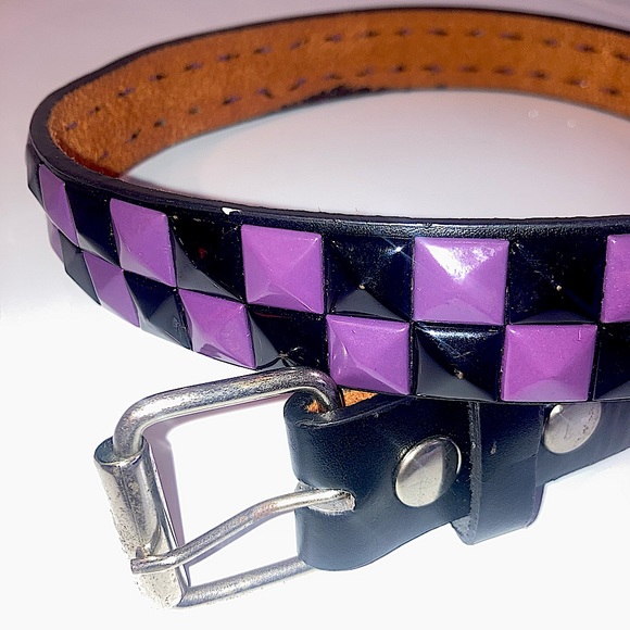 Accessories - Studded Checker Belt Emo Scene Y2K Punk Purple and Black Genuine Leather